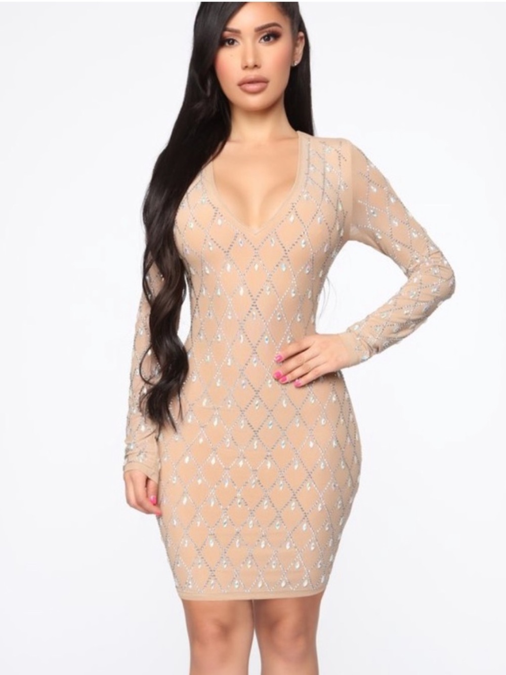 Fashion Nova dramatic effect rhinestone mini dress Champagne size 1x